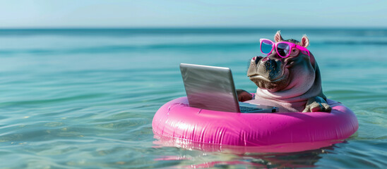 Cute hippo with laptop in the sea on a pink inflatable ring with space for text.