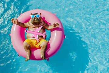 Funny hippo in pool with toy airplane with sunglasses on pink inflatable pool lap. Creative vacation and weekend concept.