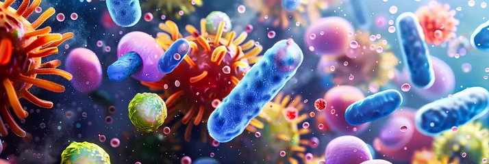 Fotobehang Microscopic view of bacteria, illustrating the complexity and danger of microbial life forms, emphasizing the importance of medical research and hygiene © MdIqbal