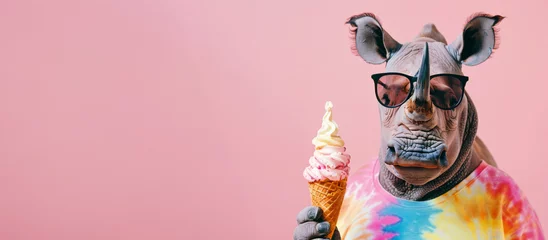 Poster Funny rhino wearing sunglasses with an ice cream cone in a trendy colorful t-shirt on a pink background with copy space. © Владимир Солдатов