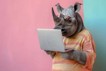 Poster Portrait of rhino wearing sunglasses with laptop on pink and blue background. Learning Concept. © Владимир Солдатов