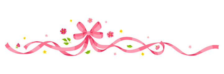 Ribbon with bow and flowers. Beautiful decorative natural plants and leaves.