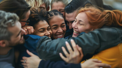 Diverse group in a close, joyful group hug.