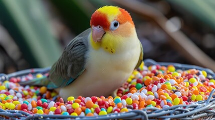 excited Cockatiel indulging in candy delights, emphasizing the bird's vibrant plumage and cheerful songs