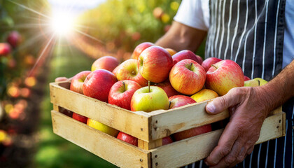 Close-up of two hands of a male farmer, holding a wooden crate full of ripe apples in an apple orchard with sunbeams. Generative Ai.