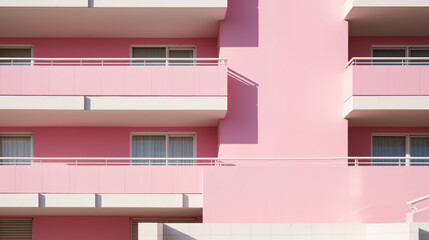 a pink building with white balconies
