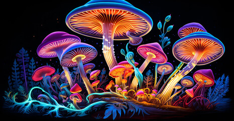 a group of mushrooms with glowing lights - obrazy, fototapety, plakaty