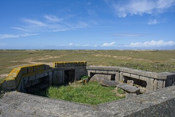 Plouharnel, France - Mar 29, 2024: Vannes Coastal Defense battery. It covers the Quiberon peninsula as well as the Gulf of Morbihan. Sunny spring day. Selective focus.