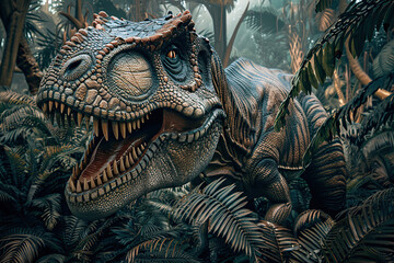 Fototapeta premium Generative ai on theme of big scary hungry dinosaur with kind eyes and sharp teeth destroying park