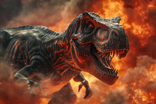 Generative ai on theme of big scary hungry dinosaur with kind eyes and sharp teeth destroying park