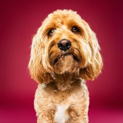 
Beautiful cockapoo dog isolated on red background. looking at camera . front view. dog studio portrait.
happy dog .dog isolated .puppy isolated .puppy closeup face,indoors.cute puppy isolated .studio