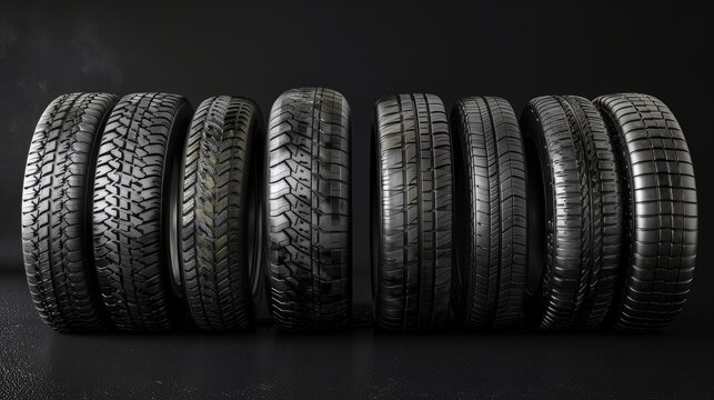 Tire set collection. Isolated on black background Generative AI