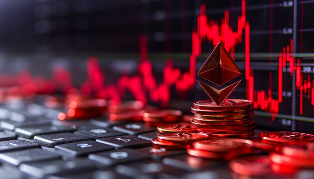 Ethereum ETH in downtrend and price falling down on dark red background. Cryptocurrency coin symbol and red down arrow with falling meteors. Trading crisis and crash.