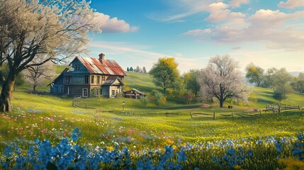 Obraz premium Field with a hut. Nature, cereals, farm, thickets, plants, life, greenery, beauty, oxygen, relaxation, country villa, meadow, grass, flowers, wind, sun. Generated by AI