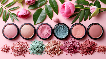 Top view of crushed eyeshadows in pastel colors with flowers and leaves - obrazy, fototapety, plakaty