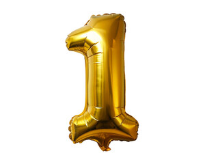 Number 1 made of golden inflatable balloon isolated on transparent background. Helium balloons font