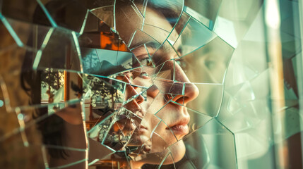Fragmented reflection: a woman's face in broken mirror - obrazy, fototapety, plakaty