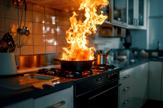 ガスコンロの火に掛けた鍋からの天ぷら油火災