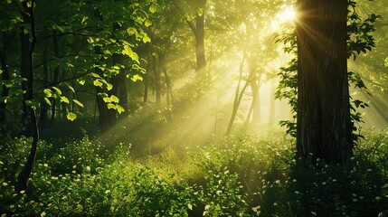 Fototapeta na wymiar Rays of light in a deep forest. Trees, path, greenery, sun, flowering, nature, thicket, taiga, clearing, firewood, edge, pine needles, field, grove, animals, air, berries. Generated by AI