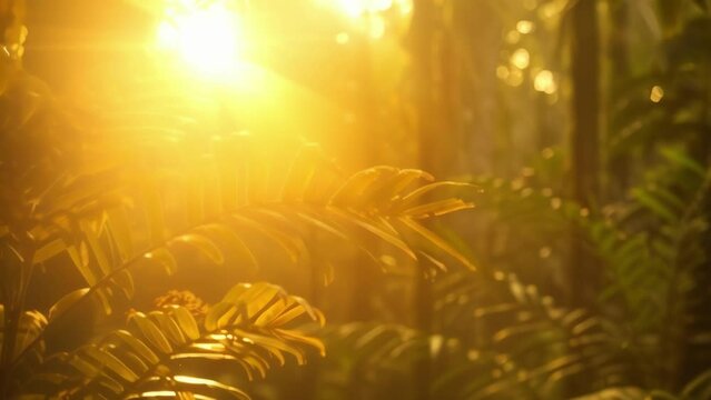 A warm golden glow enveloping the entire rainforest as the sun starts to set behind the trees.