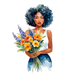A beautiful black woman holding flower bouquet, wearing tank top jean, hair bun, watercolor illustration, clipart for scrapbook, business project, girl, wall art, t-shirt design, diversity, isolated  