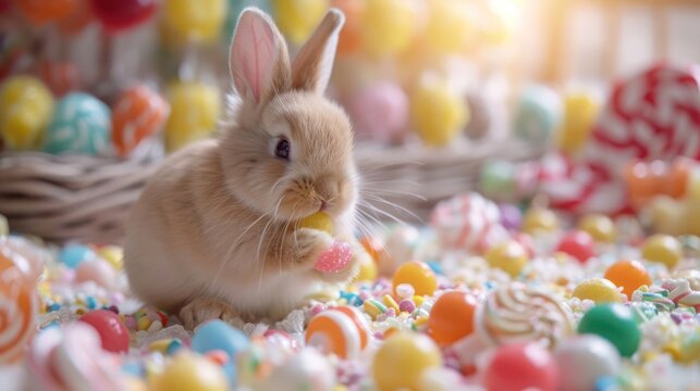 happy Dwarf Bunny savoring a sweet treat at a candy bash, showcasing the rabbit's small size and lovable demeanor