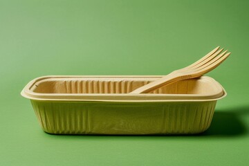 Biodegradable food container, close view, with a bamboo utensil, green background , digital photography, clean sharp focus