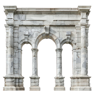 Antique concrete archway, a grand entryway, isolated on a transparent background. PNG, cutout, or clipping path.