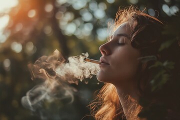 A young female exhales smoke in a tranquil, backlit natural setting. - obrazy, fototapety, plakaty