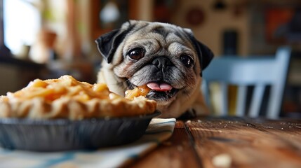 happy Pug delighting in a tasty apple pie treat, capturing the dog's charming wrinkled face and friendly demeanor
