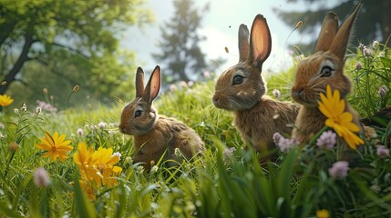 Hares in the forest. Ears, food, grass, rabbit, carrot, animal, tail, cabbage, teeth, fur coat, jump, tracks, paws, fur, hunting speed, meat, fast. Generated by AI - obrazy, fototapety, plakaty