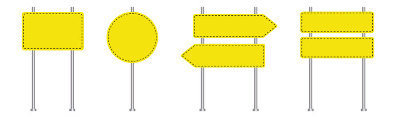 Road traffic signs set. blank board with place for text. yellow warning sign. direction. vector illustration on transparent background.