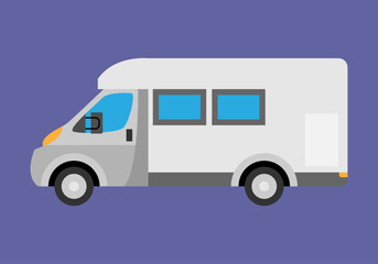 Autocaravana gris en fondo morado. 