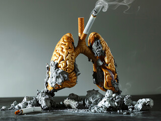 a human lungs with a cigarette and ash - obrazy, fototapety, plakaty