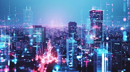 Fototapeta na wymiar Cybernetic city. Anti-design, corporation, progress, art, abstract, hologram, skyscraper, cyberpunk, hacking, virtual reality, matrix, futurism. Generated by AI