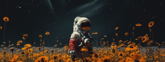 An astronaut in a field of sunflowers - obrazy, fototapety, plakaty