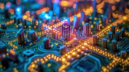 megacity in the night that looks like a microchip