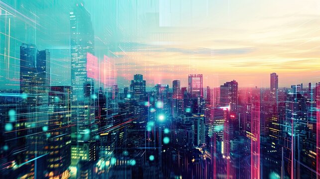 Cybernetic city. Anti-design, art, abstract, hologram, skyscraper, cyberpunk, hacking, virtual reality, matrix, futurism. Generated by AI