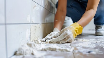 Woman carefully applying grout between tiles. DIY, home improvement, grouting, tiles, woman, attention to detail, meticulous, renovation, tiling, craftsmanship.. Generated by AI