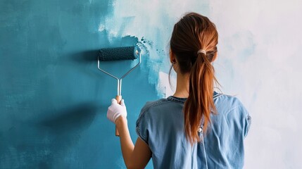 Woman with a paint roller. DIY, redecoration, interior design, female, hobby, expression, vibrant, colorful, cheerful, inspiration, project, activity, passion. Generated by AI