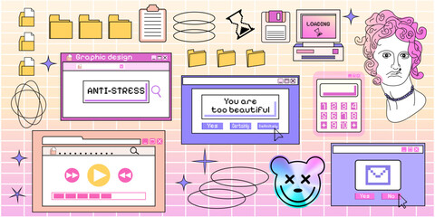 A set of computer windows and stickers. Y2k retro style. Groovy hippie elements. Interface. Desktop and folders. 2000s. Browser. Aesthetic design. Icons on PC. Template for banners and posters. Vector