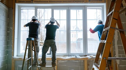 Workers installing windows. Construction, renovation, skilled labor, installation services, building project, home improvement. Generated by AI