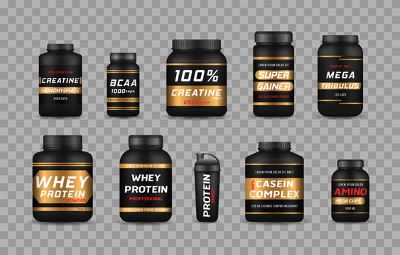 Fitness nutrition, vitamins, l-carnitine, casein capsules and hydro whey. Sports food bottles and low sugar protein bars. Bodybuilding symbols. Large set of templates sports food containers. Vector