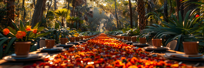 Pathway through live oak hammock trail forest,
On a crisp autumn day a colorful procession of pumpkins and squash stroll along the ground

