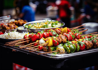 Skewers of chicken with vegetables on a barbecue grill.