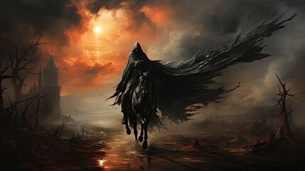 a man in a black hood, fallen angel, riding a pegasus, storming sky toward heaven - obrazy, fototapety, plakaty