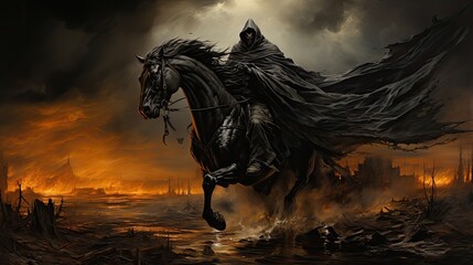 a man in a black hood, fallen angel, riding a pegasus, storming sky toward heaven