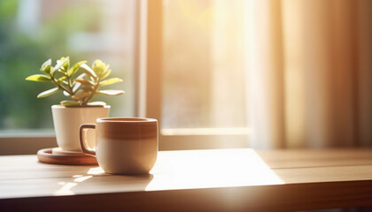 Fototapeta na wymiar A cup of coffee and plant no the table with morning sunlight at home