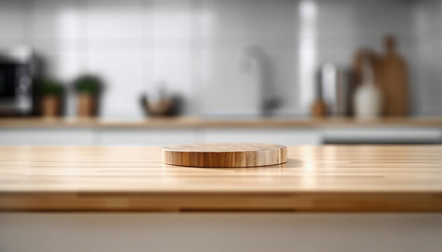 A kitchen scene with a wood board on the wooden countertop