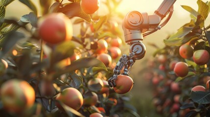 Robotic arms picking ripe fruits in an automated orchard, soft dawn light, precision agriculture , 3D render, clear detailed, sharp focus - obrazy, fototapety, plakaty